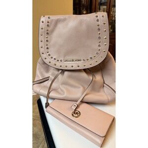 Michael Kors Riley Blush Pink Leather Backpack Wallet Set Studded Y2K Glam